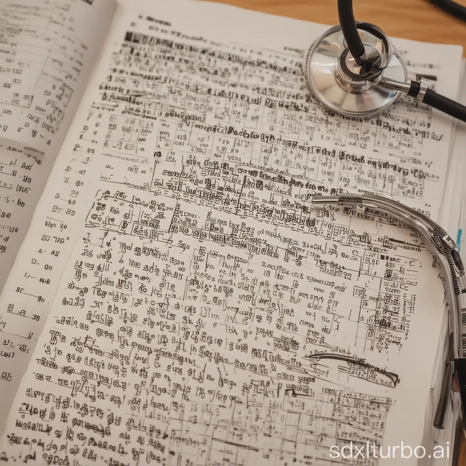 A close-up of a medical coding book with a stethoscope resting on top of it. The book is open to a page with a detailed illustration of a medical coding chart. The background is a blurred image of a classroom with students sitting at desks, listening to a lecture.
