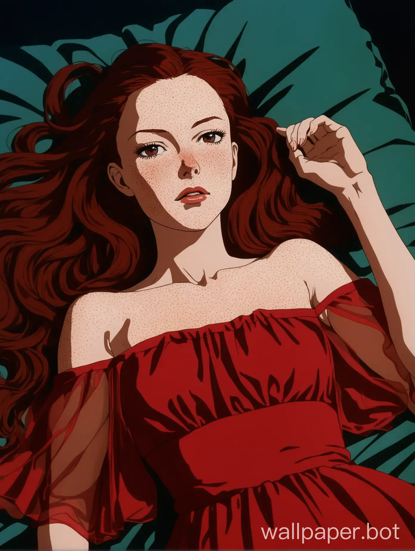 Portrait of an attractive 30-year-old woman with long dark red hair, laying on her back, thin and sharp features, pale and Swedish, seductive and youthful, freckles, wearing a sheer red off-the-shoulder dress, she looks like Rebecca Ferguson, 1980s retro anime
