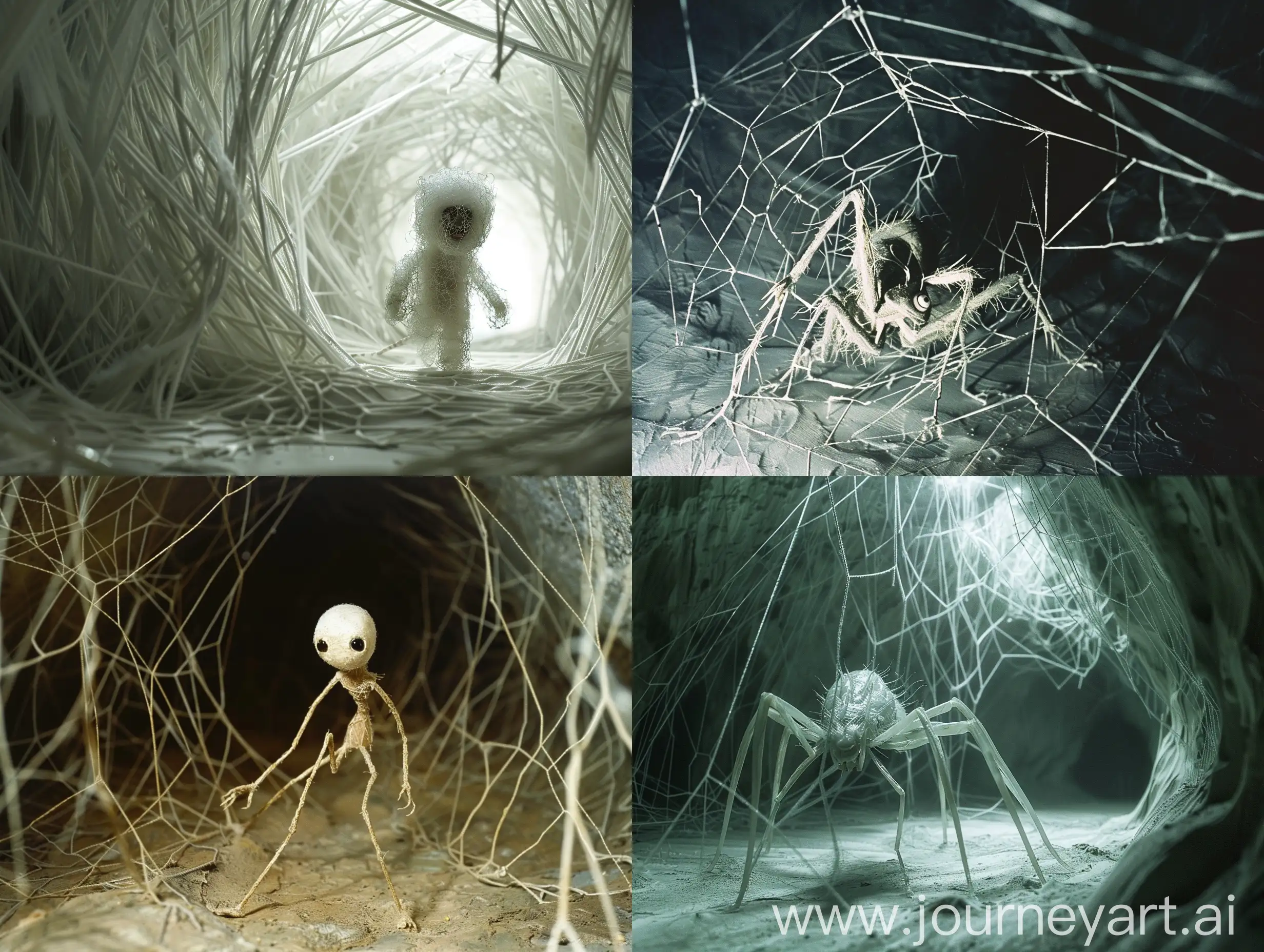 Portrait photo, cinematic, realism, use long-shot, full body. Depiction of a yokai (((a female, A distant celestial creature, a small insect with a small body shape, many thin, mentally active limbs, and a convex white body))), Japanese 1970, structural environment filled with long, thin lines, kind of net or crystalline structure, dim, Inside the smooth cave, chaos, dilapidation, filth, unsettling, horror movie