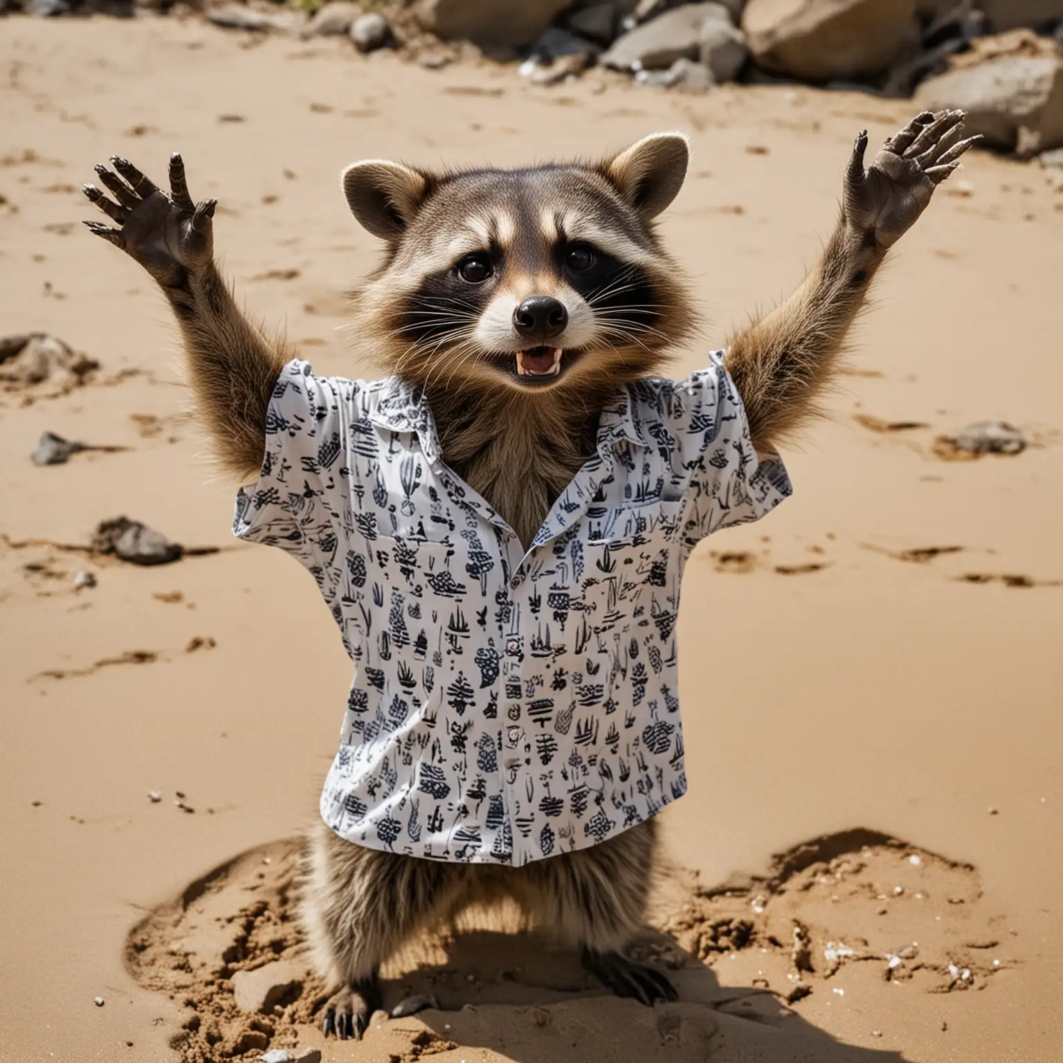 raccoon wearing a beach shirt throwing up the rock-on sign with this arms in the air
