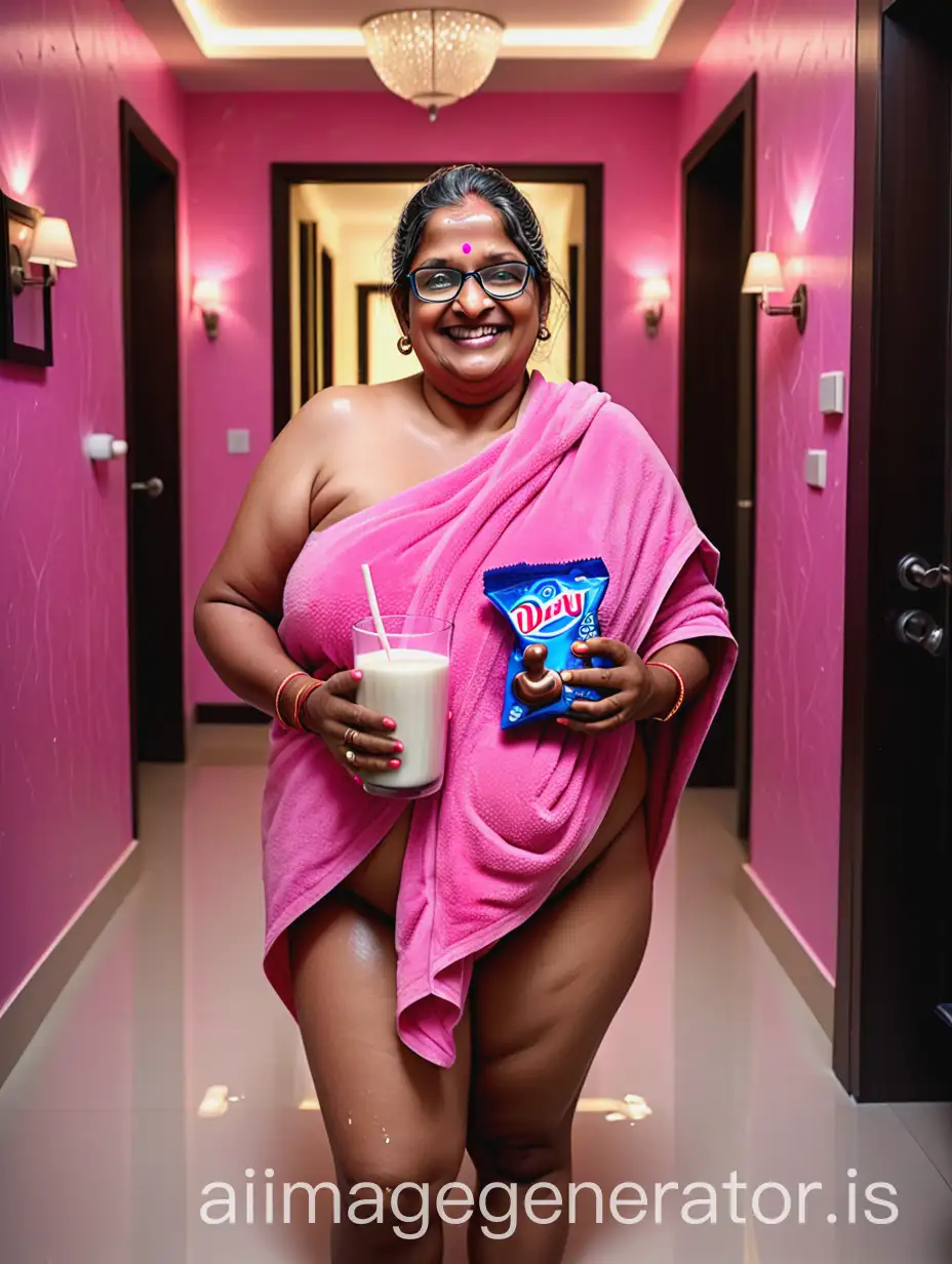 a mature fat indian woman with 45 years old age wearing Prescription Eyeglasses on face , wearing face pack on face with curvy body wearing a wet neon pink bath towel with full make up , open hair style, holding a teddy bear and a Cadbury Dairy Milk chocolates and a glass of milk , standing in a luxurious Foyer , she is happy and smiling, its evening and raining and a lot of lights and mirrors are there, she is wet and a indian muscular man is near her