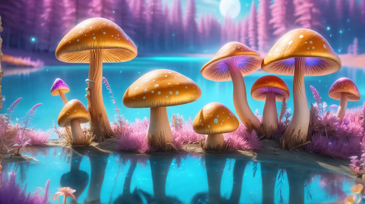 golden and Blue and Purple. Pink. Yellow. Orange mushrooms in the daytime spring and magical mushrooms with a magical turquoise glowing lake of planets