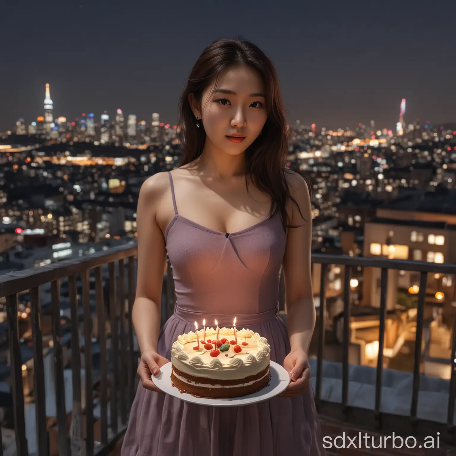 young korean girl, wife, very small breast, birthday cake in hand seoul, in rooftop night, realistic, masterpiece, raytraced