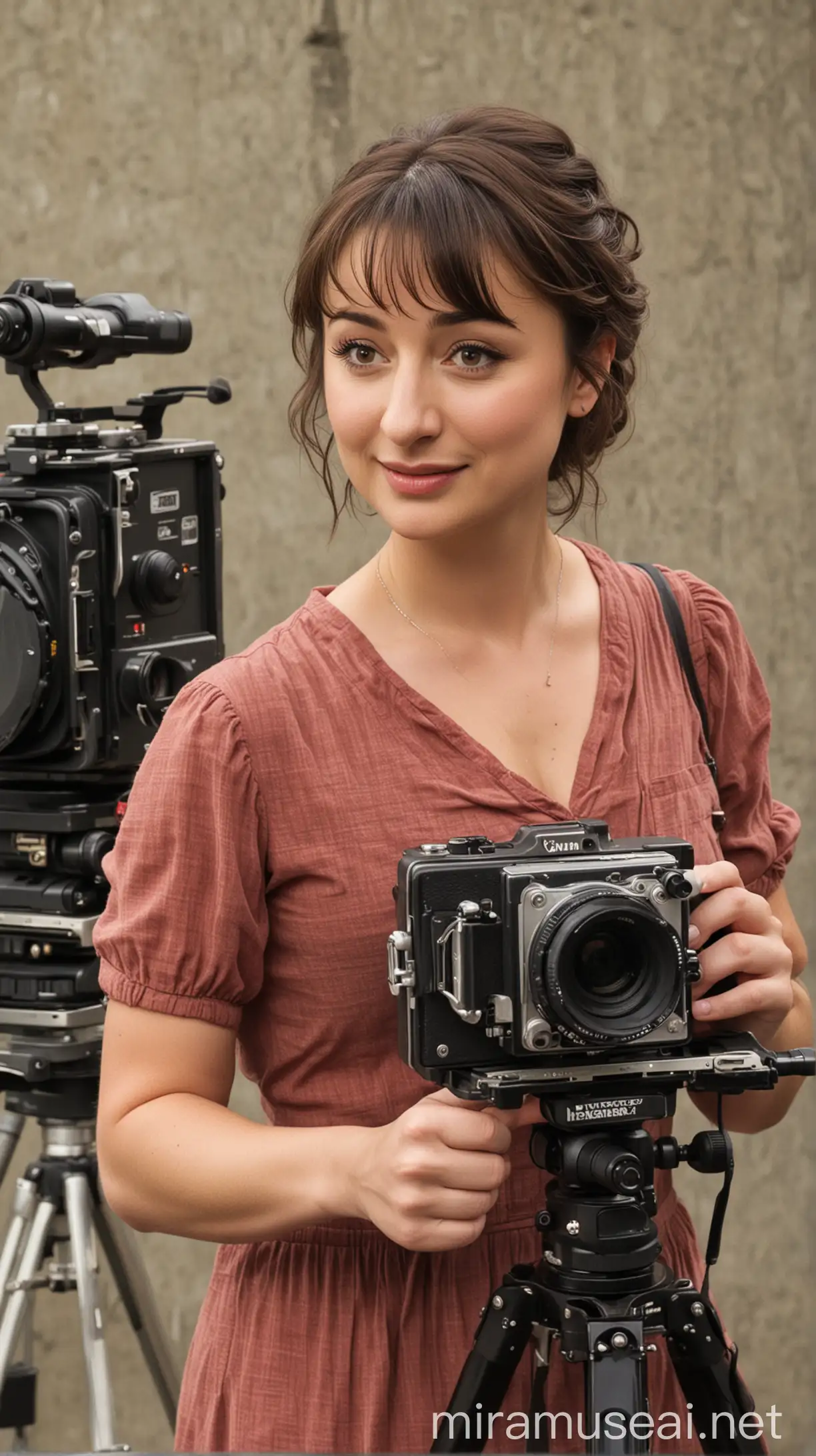 Actress Milana Vayntrub Performing on Movie Set with Camera Director and Producer