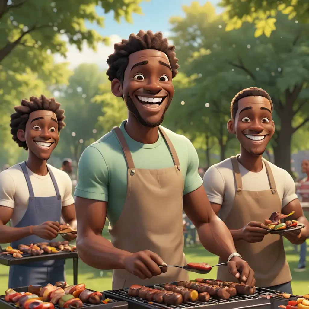 defined 3D cartoon-style African American men smiling  and barbequing in the park