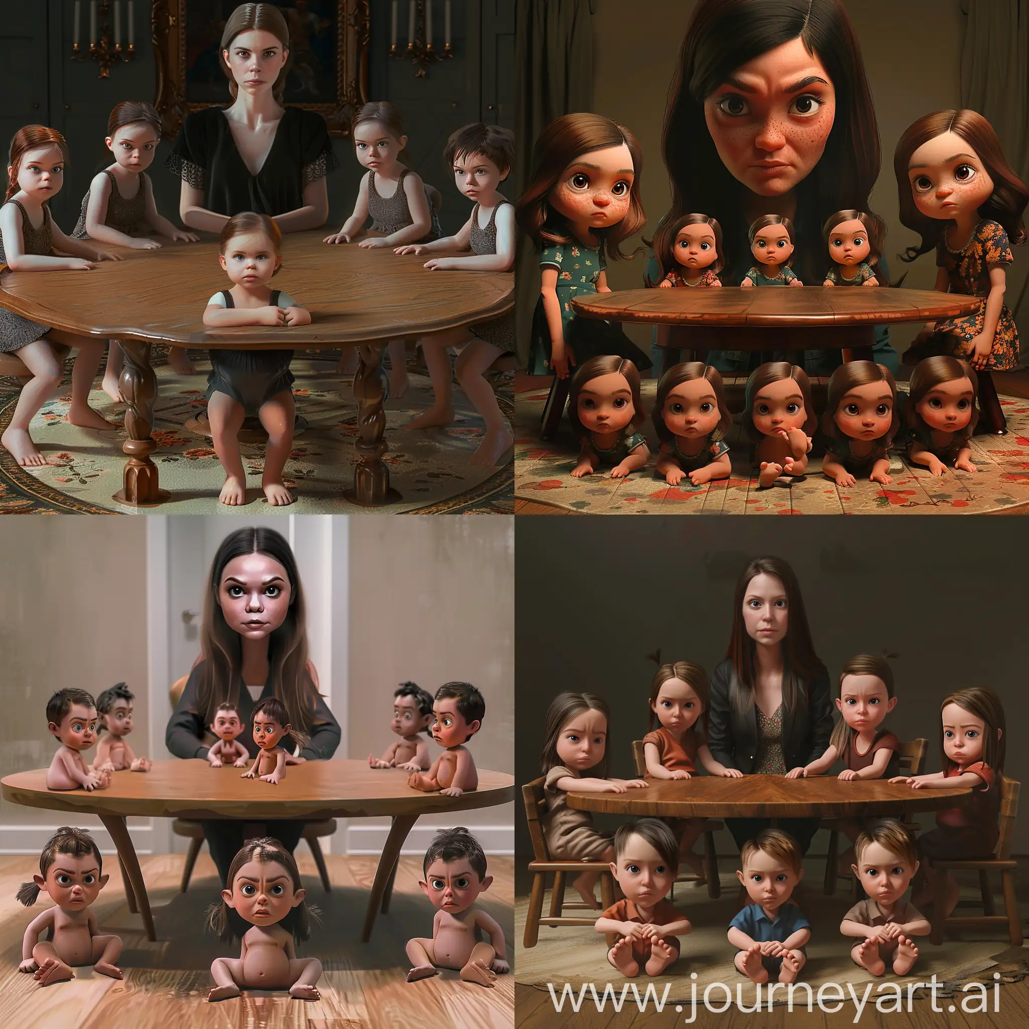 A real animation of 3 girls and 5 boys with baby bodies and adult faces (similar to the animation of the boss's child) along with an adult woman in the middle of the picture, whose facial expressions are all serious, and they are all sitting around a round table and looking at the camera. Two of the people sitting in front of the table have turned to look at the camera.
I repeat that the total number of people is 9 people and the little feet of the children are visible from under the table.