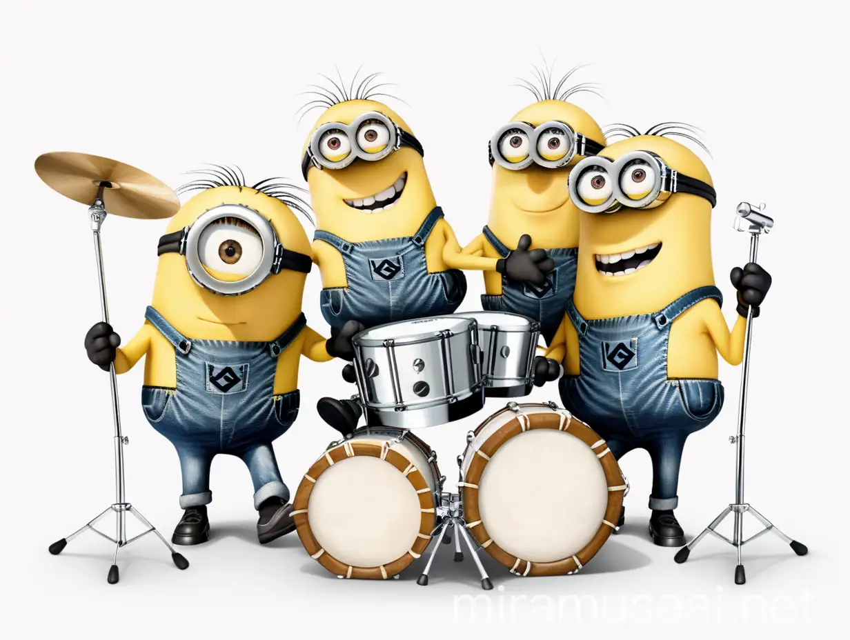 Gru from Despicable Me with Minions Playing Music on White Background