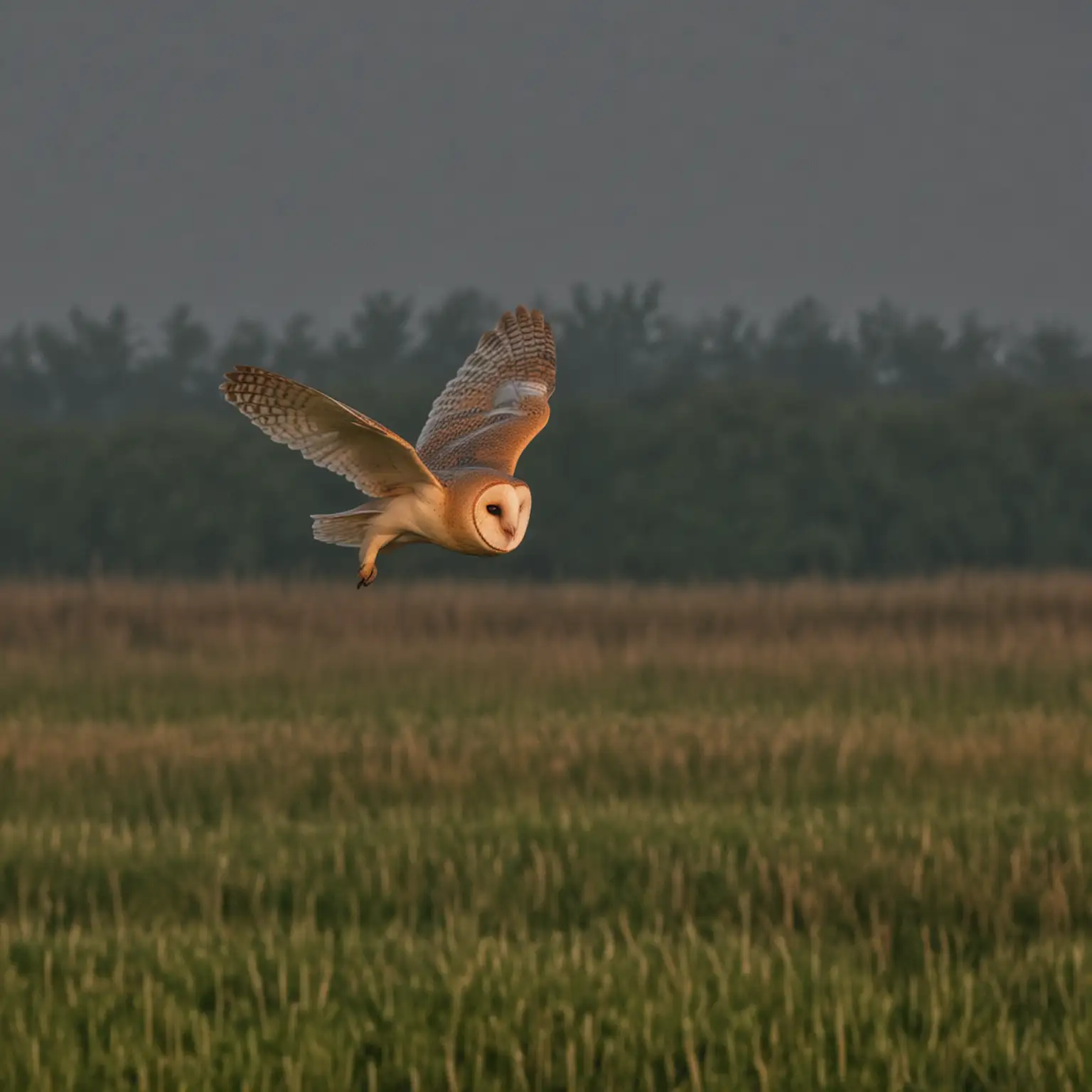 Barn Owl Flying Over Wessinghuizen Landscape at Dusk