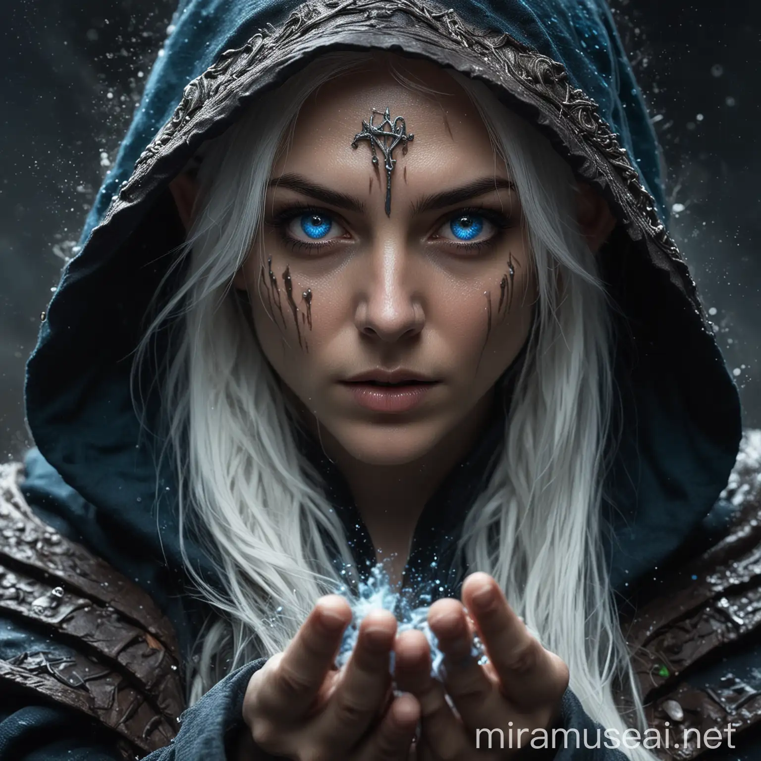 cinematic portrait, sneaky high elf druid, criminal, dark hooded cloak, white hair, blue eyes, casting acid splash spell in hand