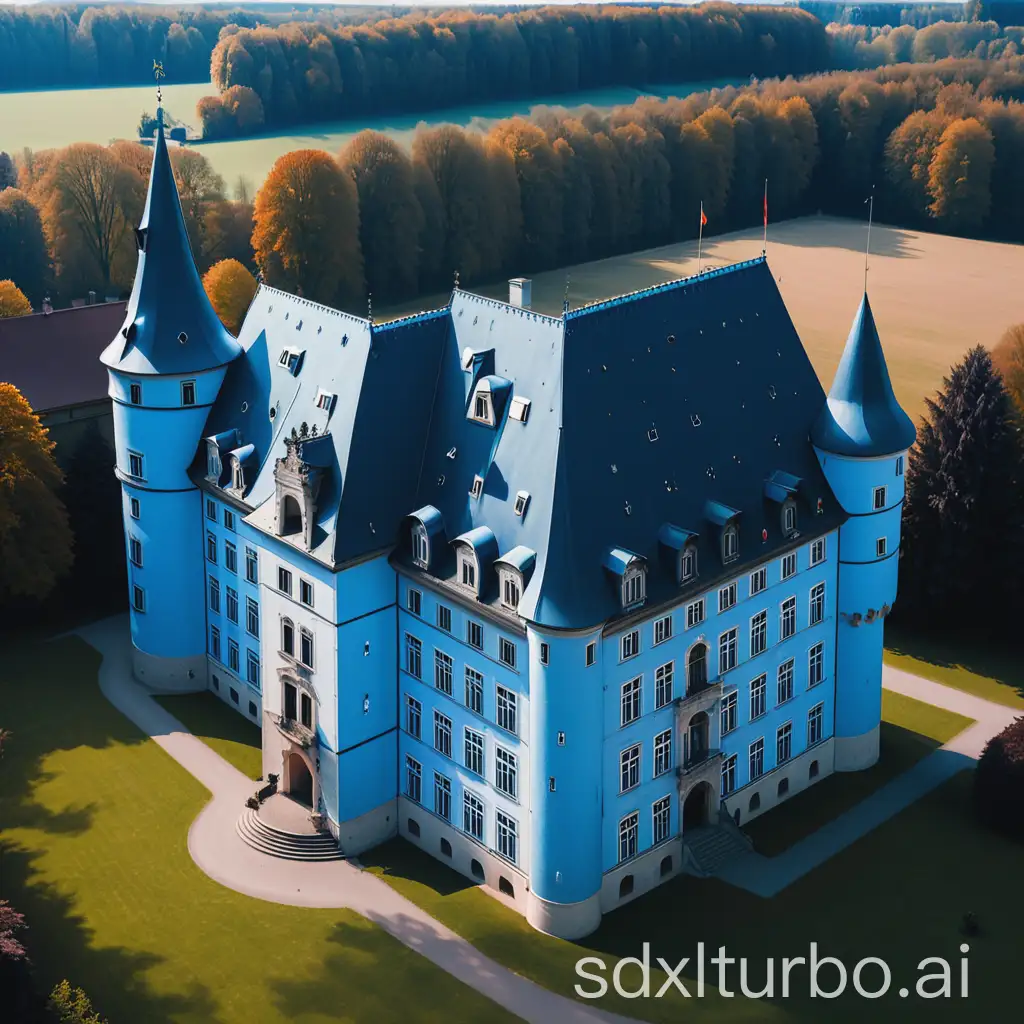 Ein schloss mit hellblauen mauern und dunkelblauem dach