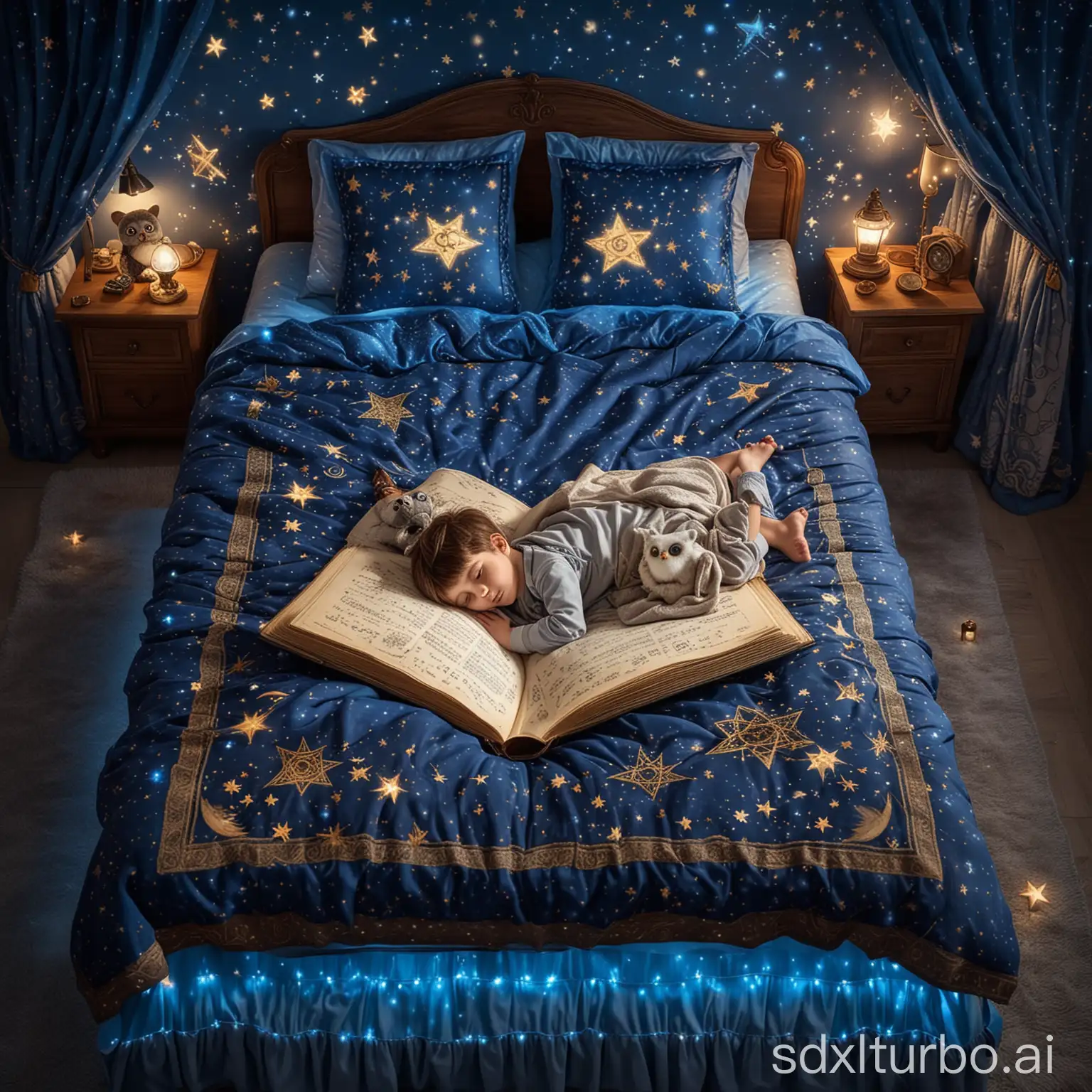 A boy is sleeping in a bed that is designed like a magic book. The bedspread is printed with magical symbols and sparkling stars. Above him floats a glowing wand, spreading soft, blue light. The little magician holds his plush owl tight and dreams of exciting adventures in the magic world.