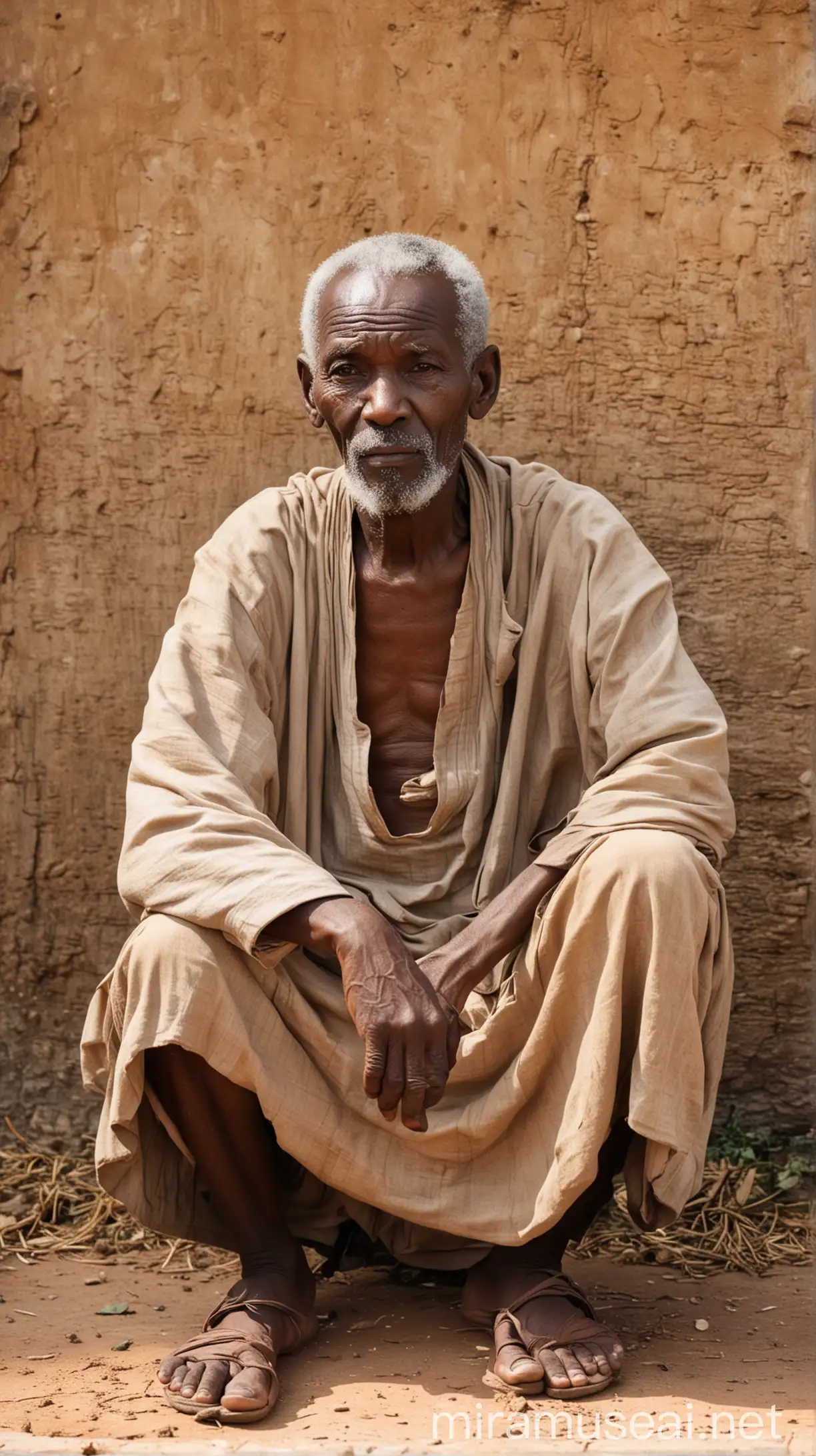 Old African man sitting outside in ancient Africa 