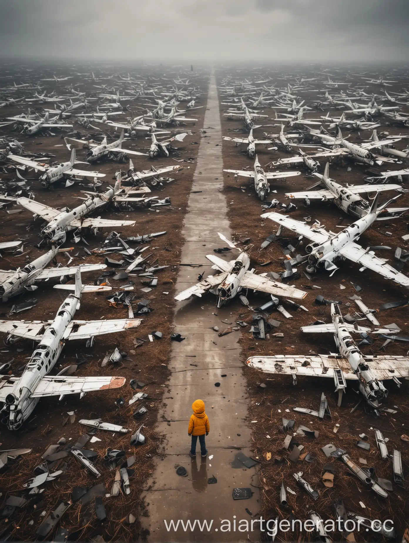Одинокий маленький человек окружённый разрущенными самолётами, самолёты смотрят на  него спереди 