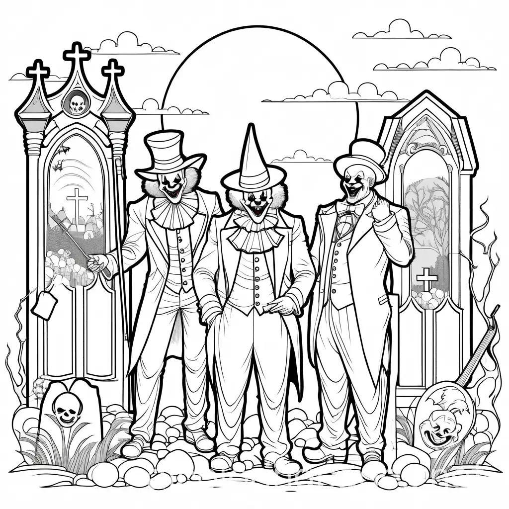 killer evil clowns with graveyard backdrop, Coloring Page, black and white, line art, white background, Simplicity, Ample White Space