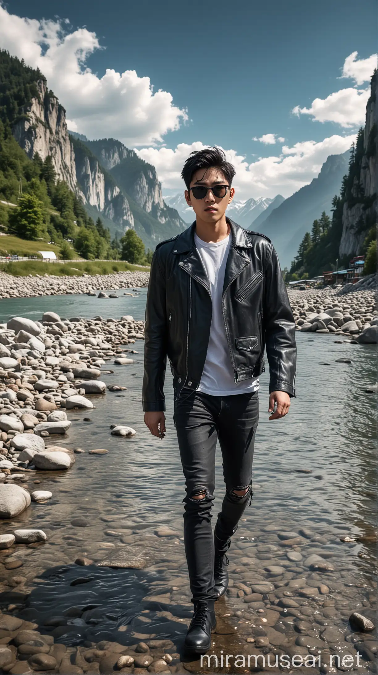 A handsome Korean man with an undercut hairstyle and black glasses is wearing a black leather jacket and Levi's of medium length. He is walking towards the camera, with Swiss mountains and bright blue clouds in the background, and a very clear river with a spray effect, ultra-realistic HDR extreme original face.