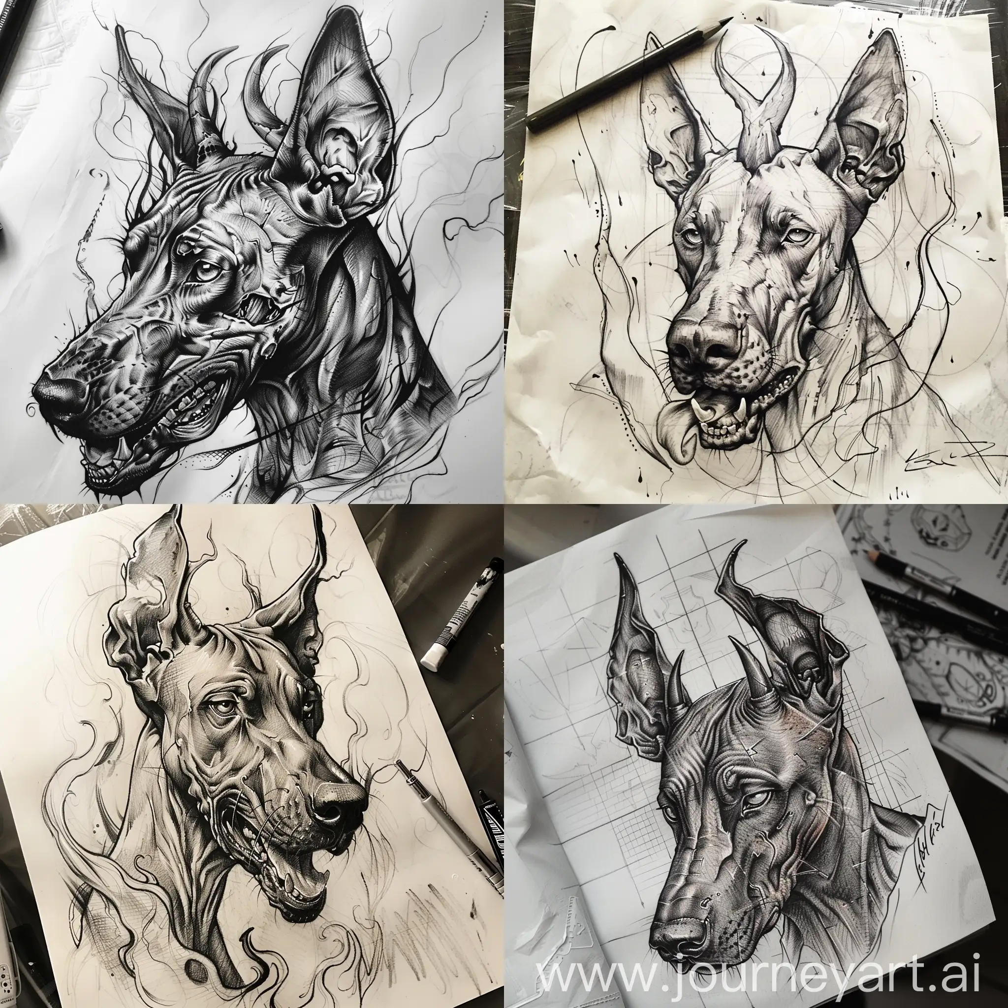 Demon-Doberman-with-Horns-and-Tattoo-Sketch