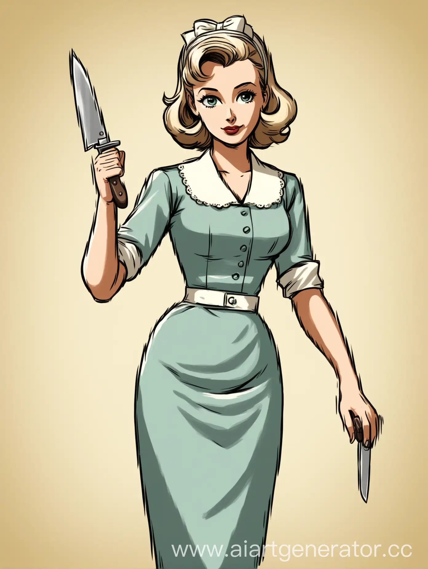нарисуй домохозяйку со светлыми волосами которая в руке держит нож одета в наряд из 50 годов



