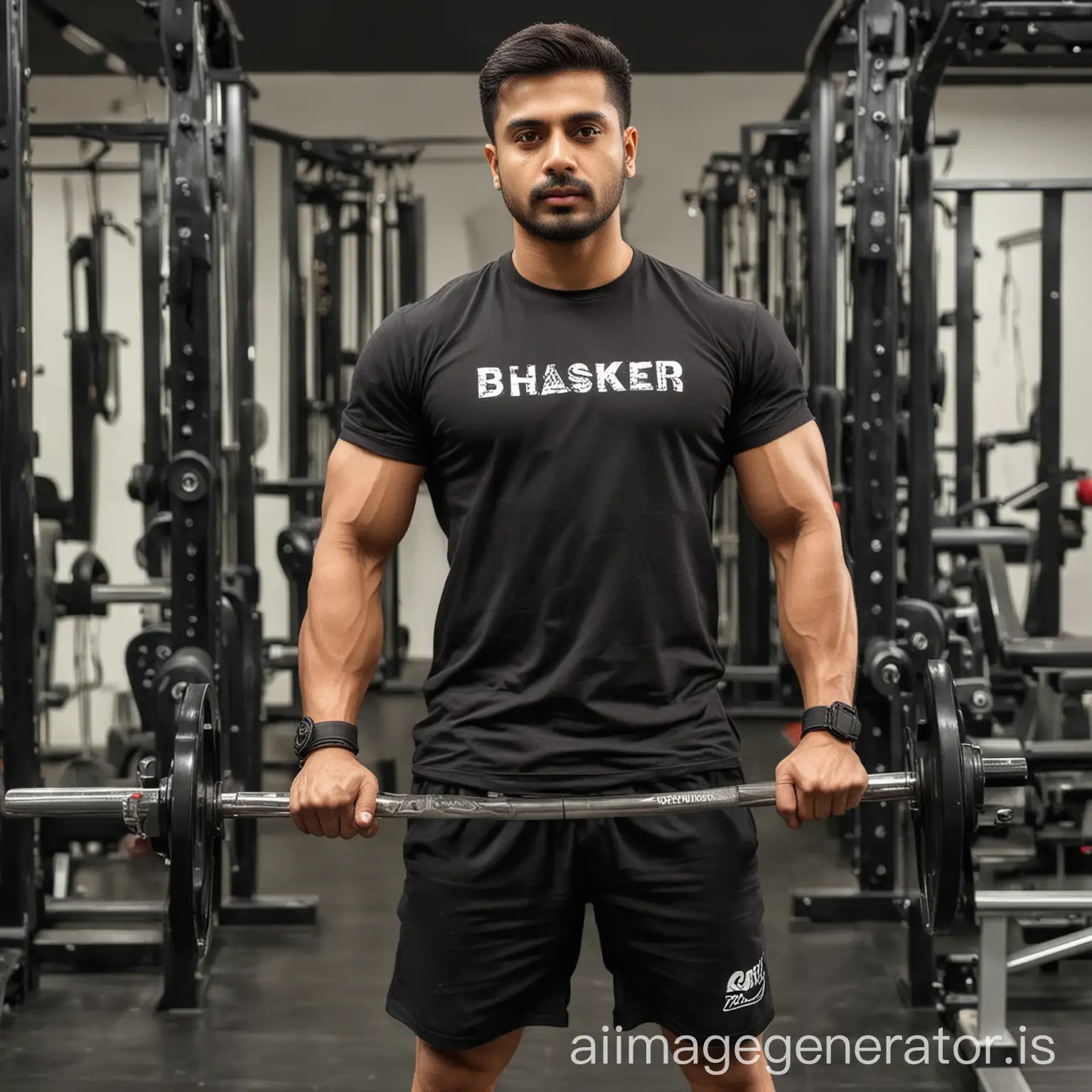 physical fitness men standing with gym material and wore black shirt in that tshirt the name written as bhaskar named in tshirt