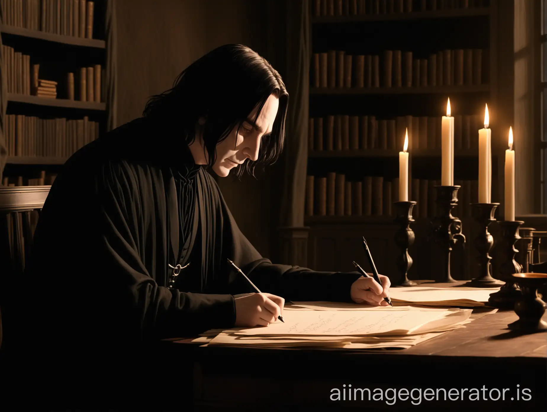 younger Severus Snape sitting at his desk in his study, lit only by candlelight, writing on papers, side profile