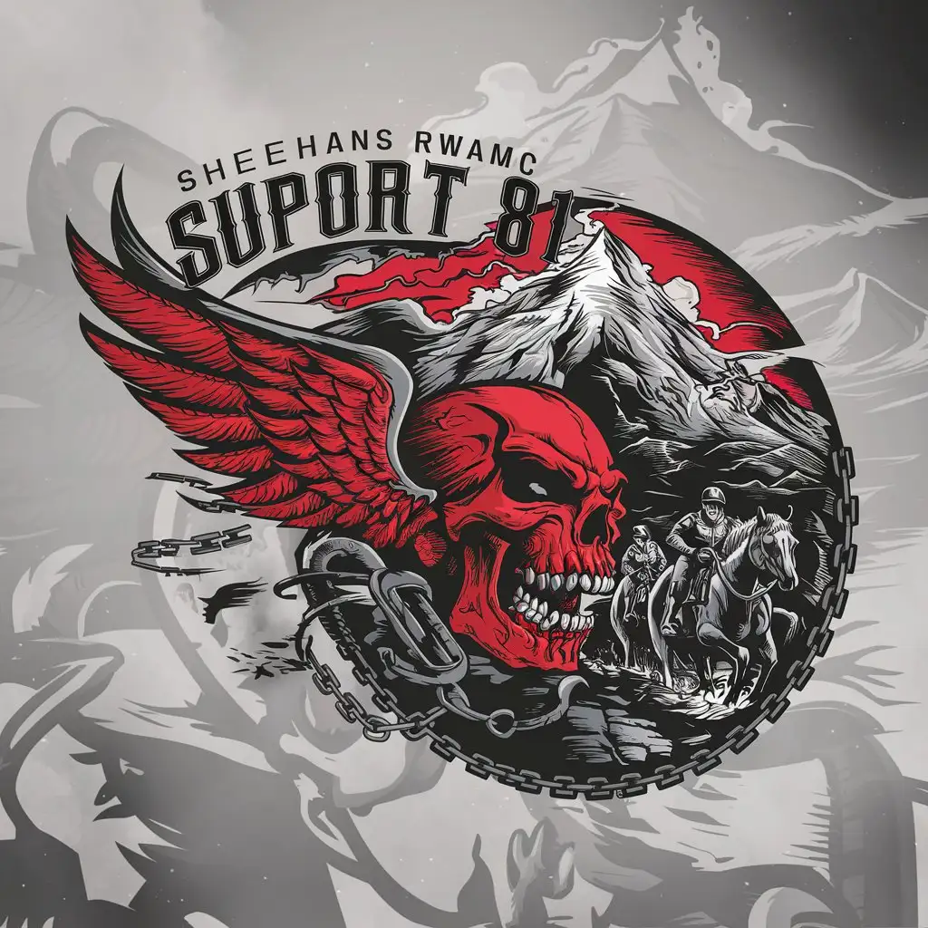 a logo design,with the text 'sheehans RWAMC support 81', main symbol:logo for a MC, mountain, riders, red skull white wings smoke brutal, gothica, chaine, fire backgraund