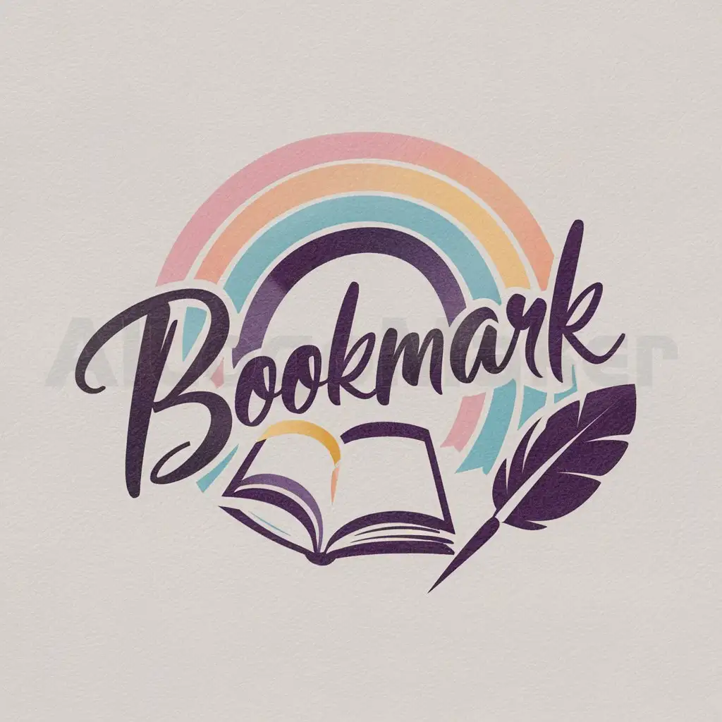 LOGO-Design-For-Bookmark-Pastel-Rainbow-Painting-Brush-Script-with-Book-and-Quill-Theme