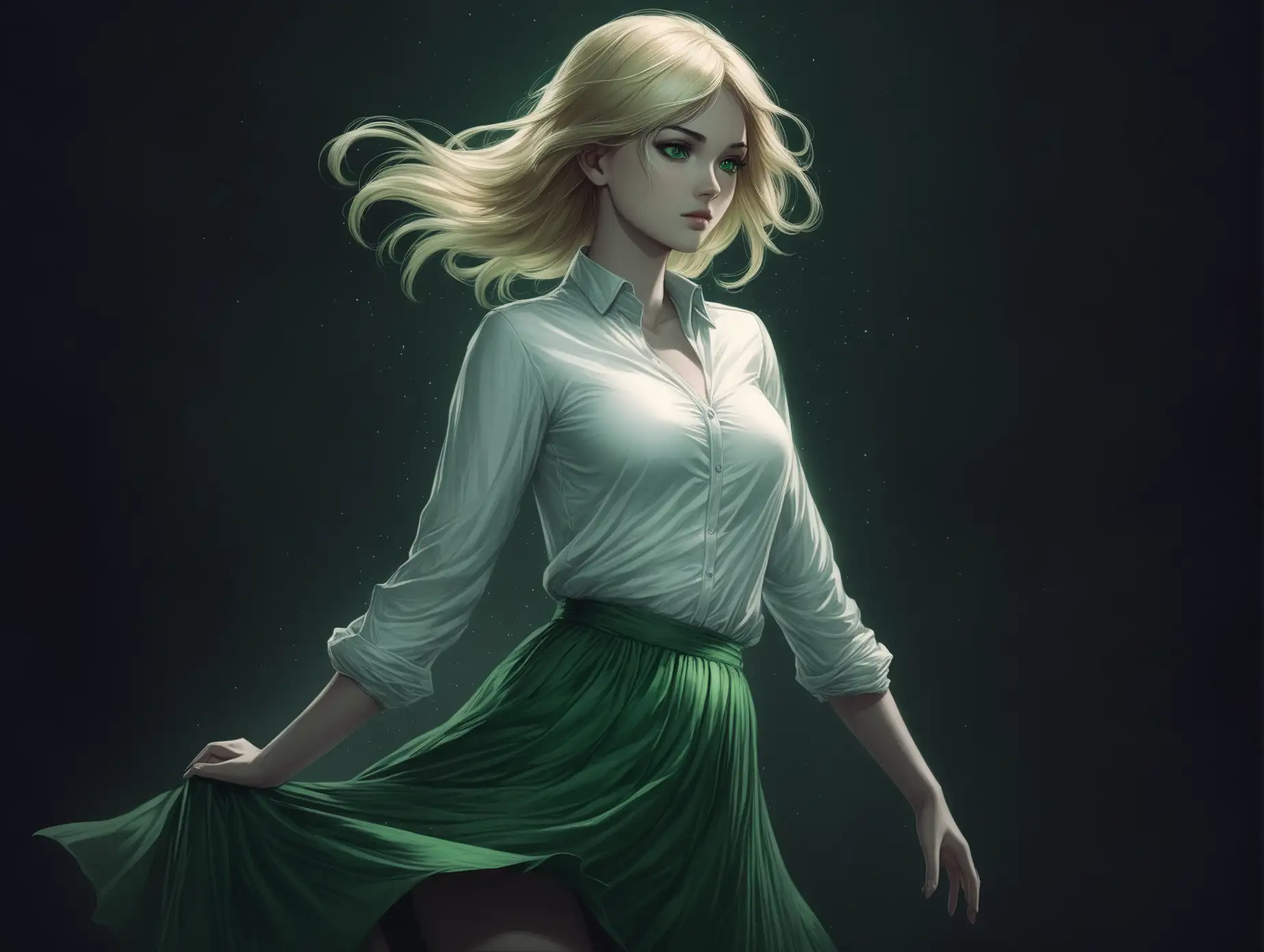 Adult Girl blonde 20, medium-length hair, green eyes, in a white shirt, green skirt, novellas, standing in a seductive pose, Dark Fantasy, anime, Charlie Bowater, pastel, dark background
