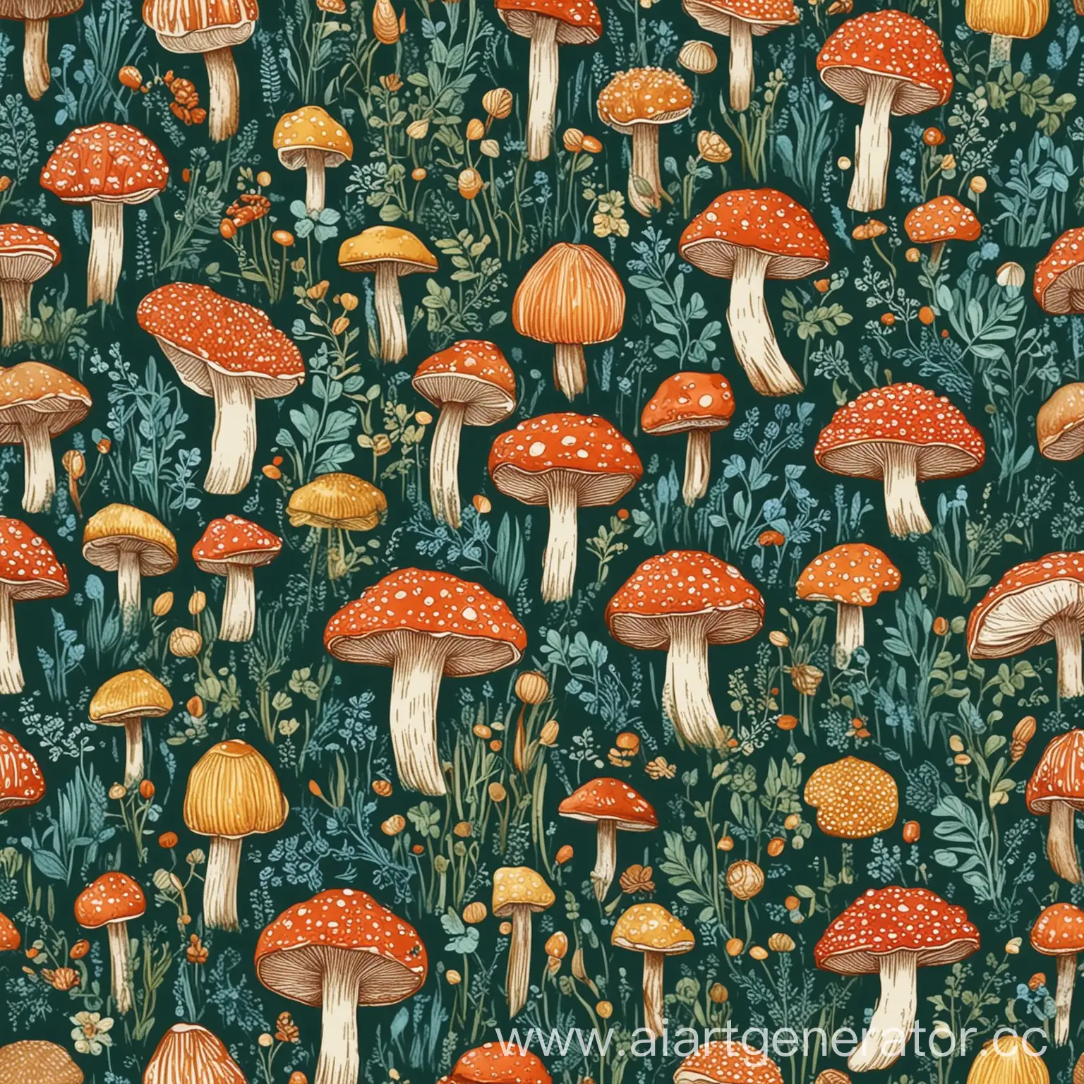 Изображение в виде паттерна с грибами (эноки, вешенки, эринги, кордицепс, шиитаке, ежовик); цвета глубокий зеленый, коричневый, светло-голубой, оранжево-красный, салатовый, бежевый