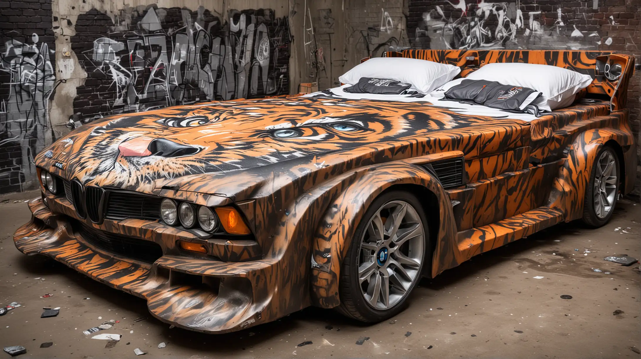 Luxury BMW Car Double Bed with Illuminated Headlights and Angry Tiger Graffiti