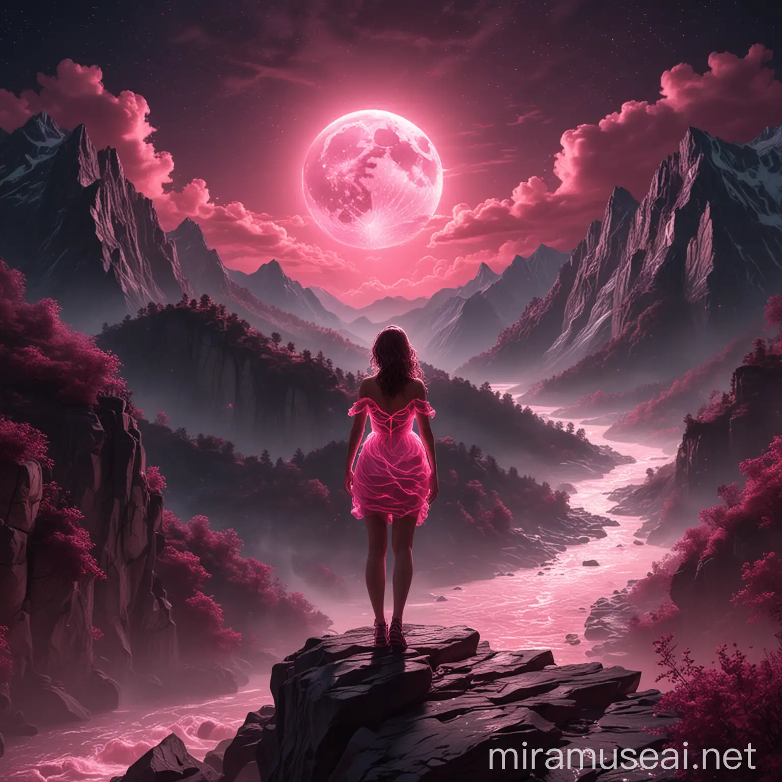 3D 8k mininal realstic illustrator mininal illustrator woman standing on the top of the moutain watching huge river wearing a neon glowing wavy pink dress at the midnight with pink moon light
