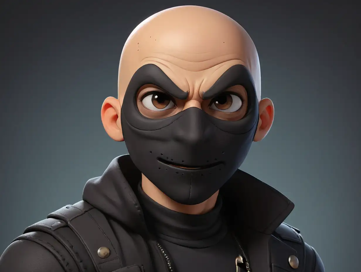 bald with stubble bank robber in a black mask, in cartoon style, Chibi style, game character sheet reference, maximum detail, best quality, HD, gorgeous light and shadow, detailed design,  with clear background