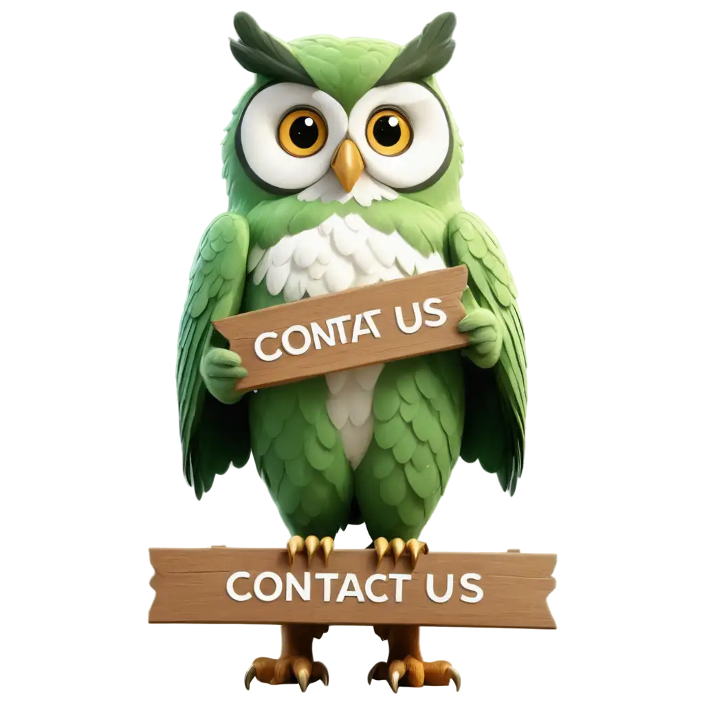 cute 3d realistic owl use green and white as main colors, holding wooden sign wrote on it "contact us"
