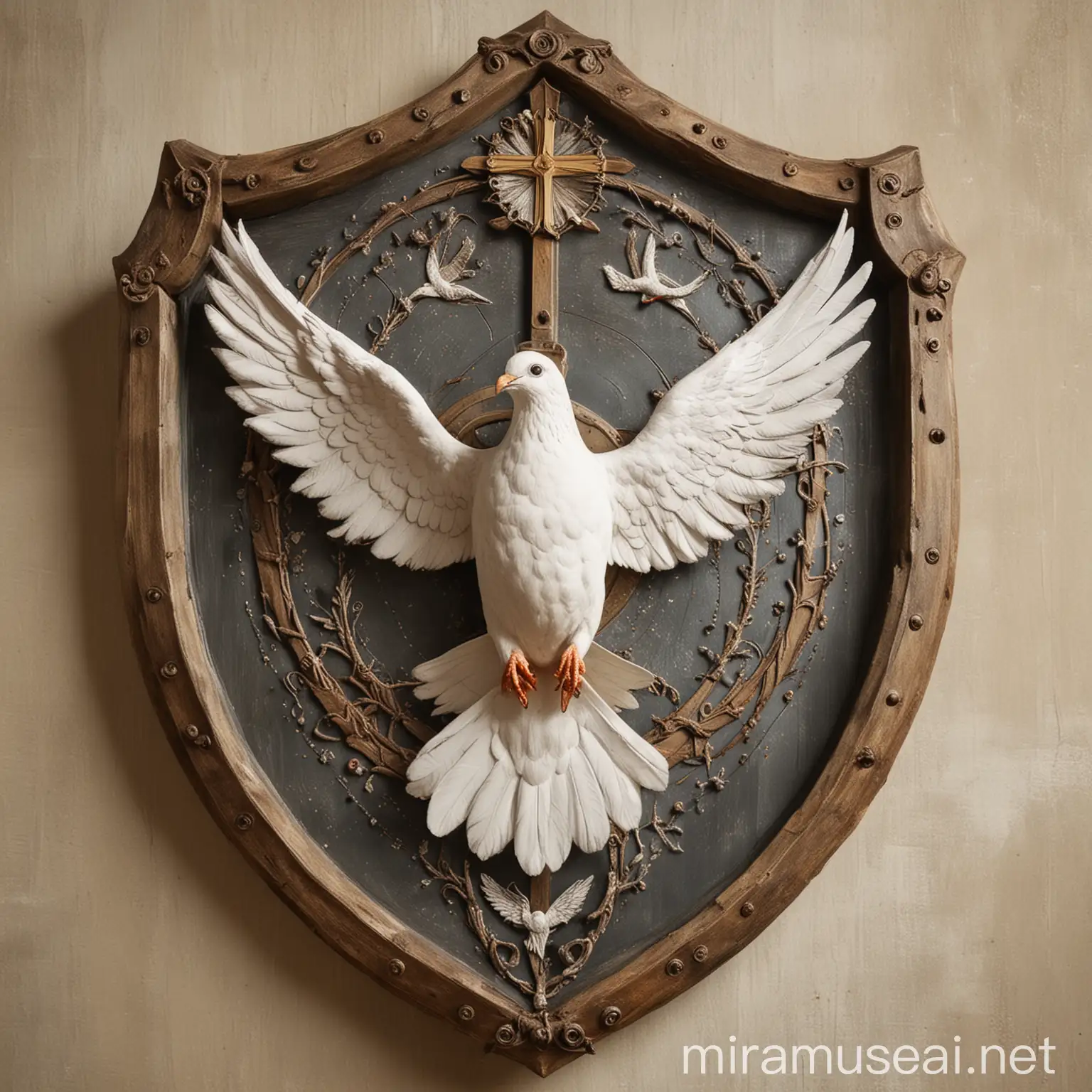 make me the family shield. The interior is empty and the shield is formed by a dove (The Holy Spirit) whose wings make the shield.