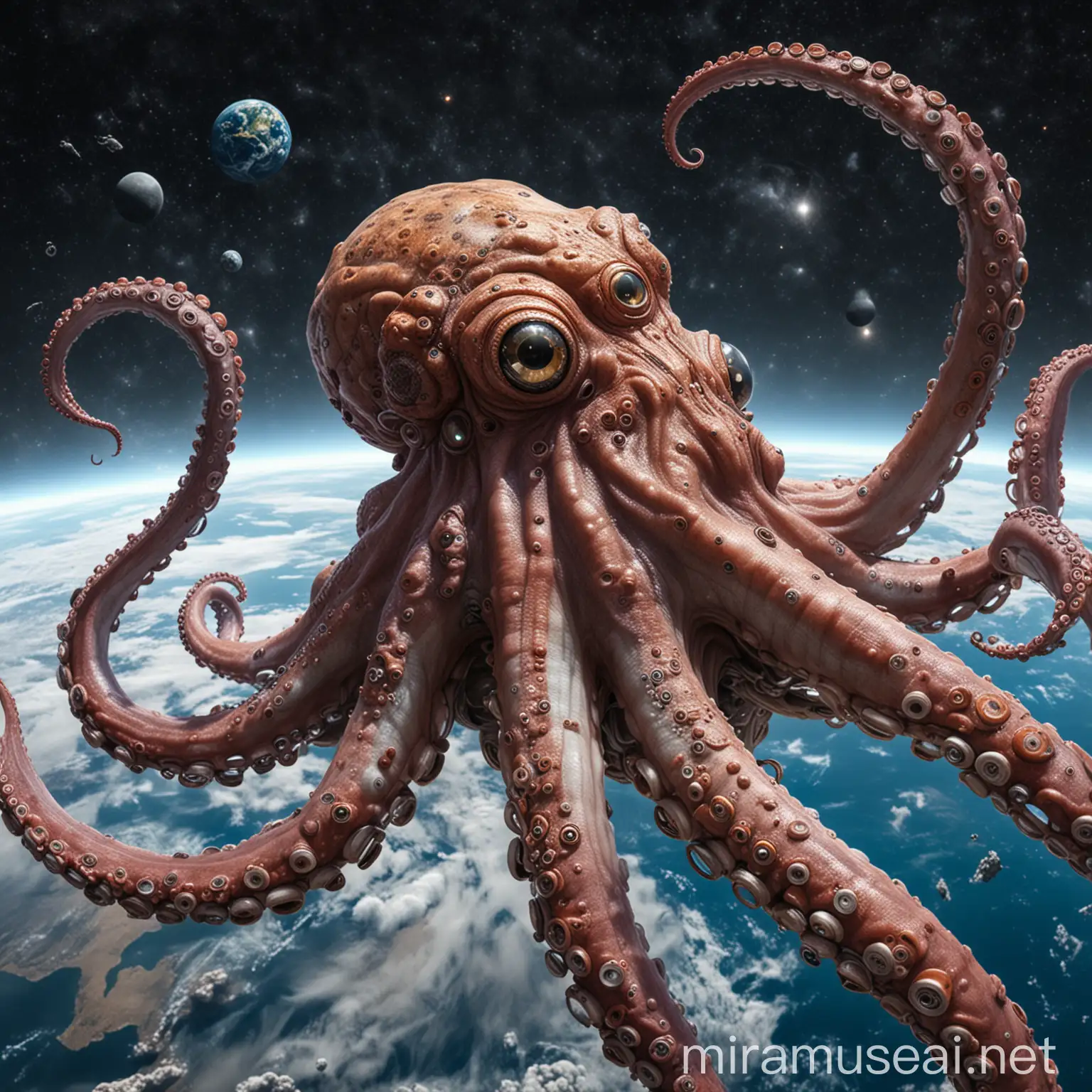 cyborg-octopus in photorealism into space look at the earth