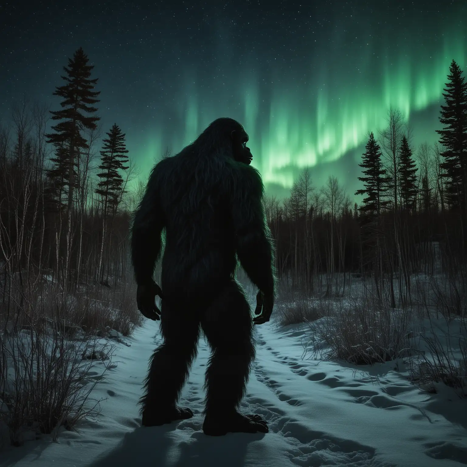 Bigfoot shadowing with the northern lights on the Appalachian mountain's dark night