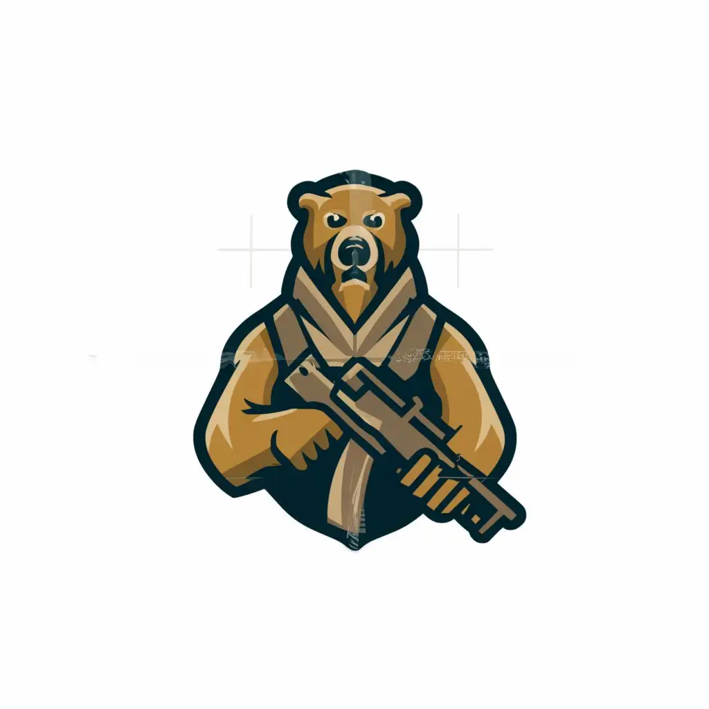 a logo design,with the text "BEAR", main symbol:Bear in military uniform with a rifle ak,Minimalistic,be used in Entertainment industry,clear background