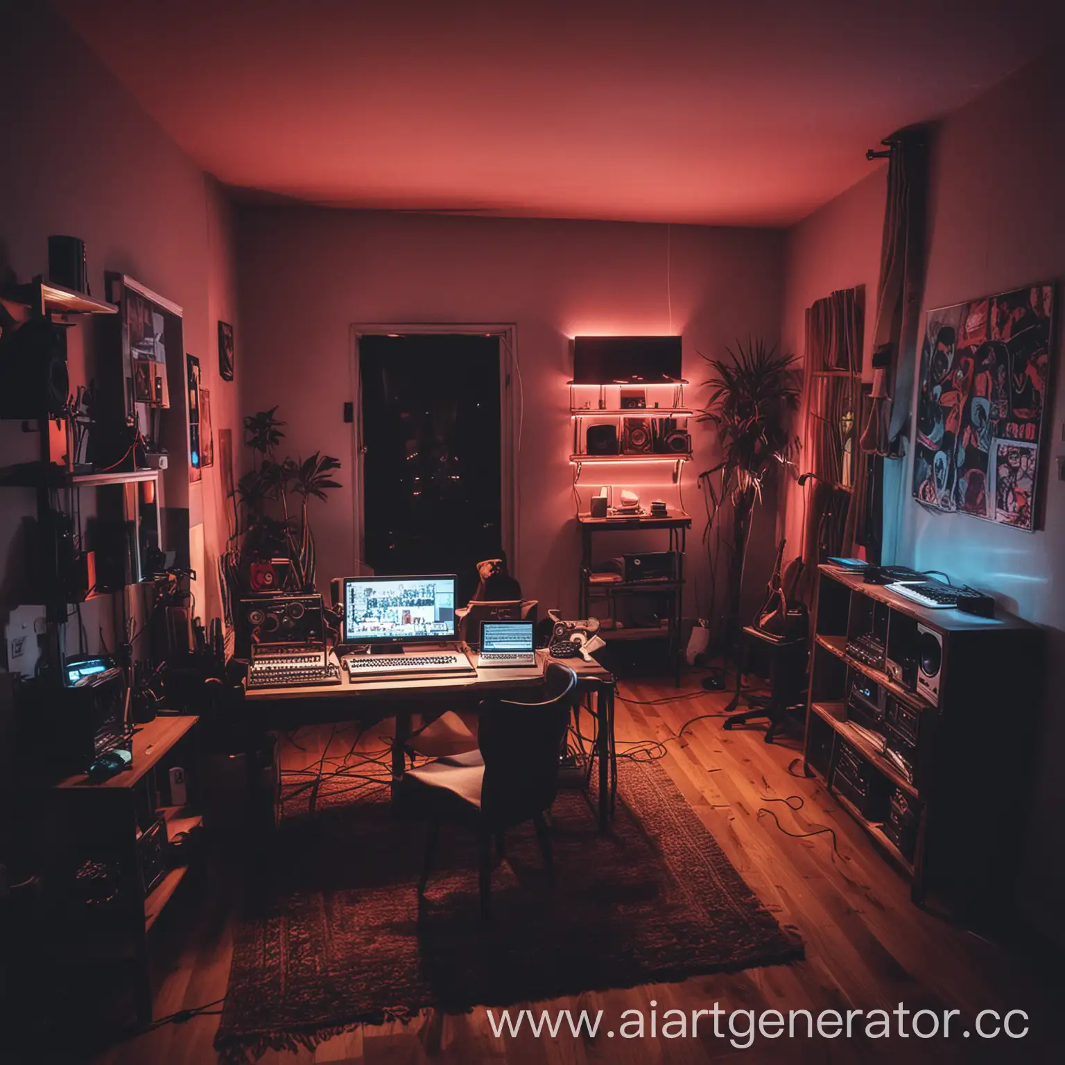 Cozy-Night-DJ-Session-in-Neonlit-Home-Recording-Studio-with-Doberman