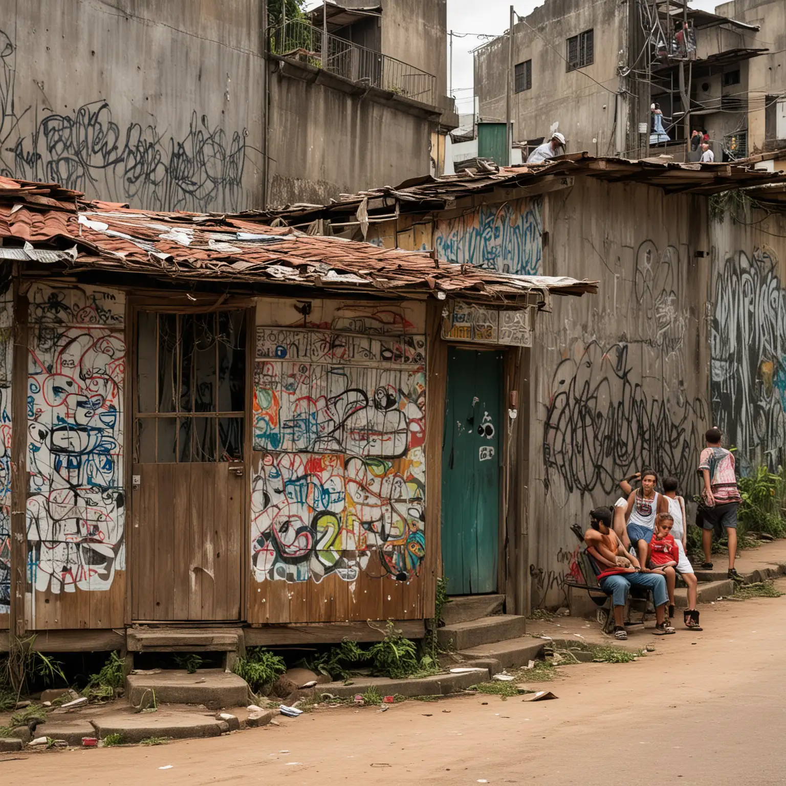 a shack in a brazilian favela with passers by and graffiti