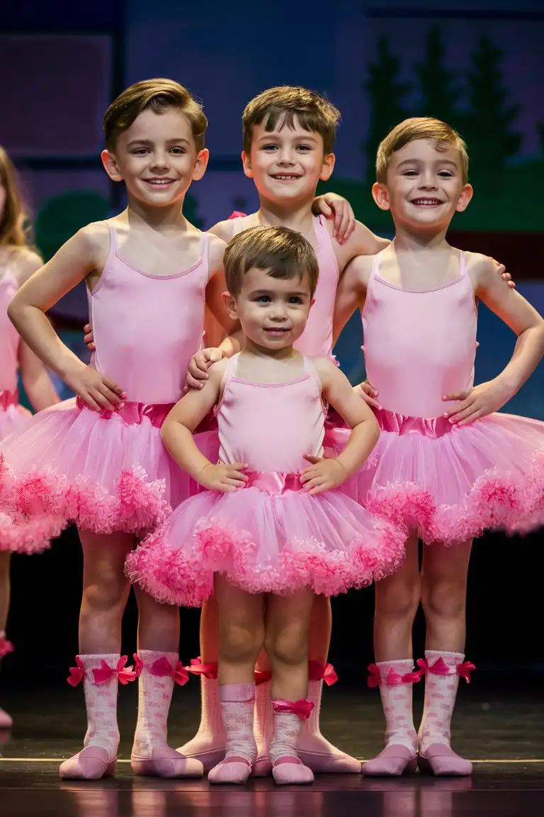 Gender role-reversal, Photograph a 11-year-old boy, a 9-year-old boy, a 7-year-old boy and a 6-year-old boy standing on stage during school assembly, white skin, they are all brothers, the boys are all dressed up in pink princess ballerina tutu dresses with sleeves, frilly pink socks, while the older boys are smiling, the 6-year-old boy looks nervous, adorable, perfect children faces, perfect faces, clear faces, perfect eyes, perfect noses, smooth skin