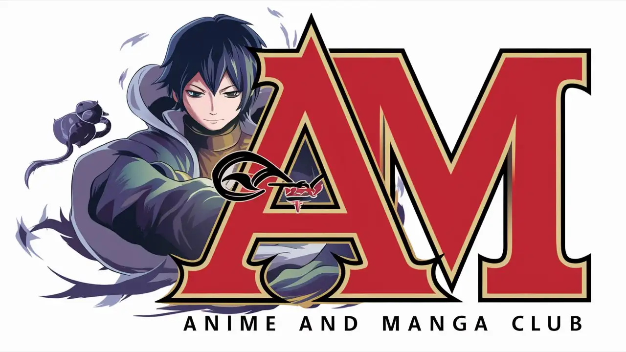 Anime and Manga Club Logo with Bold Lettering and Dark Vector Character