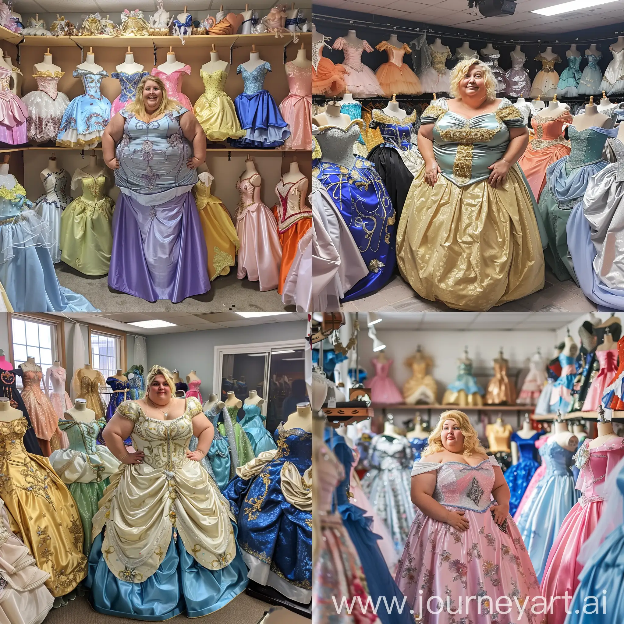 A fat blonde woman in a deluxe fantasy princess dress stands in the costume STUDIO, surrounded by an assortment of princess dresses.
