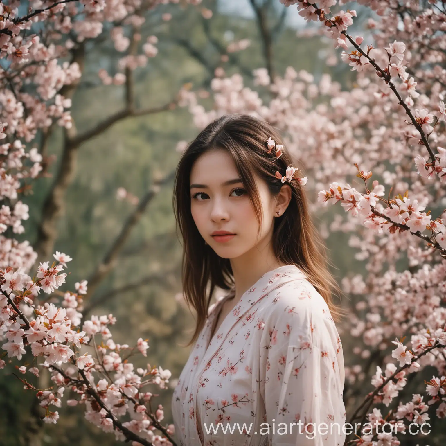 Beautiful-Girl-Posing-with-Cherry-Blossom-Tree-in-Film-Frame-Studio-Photography