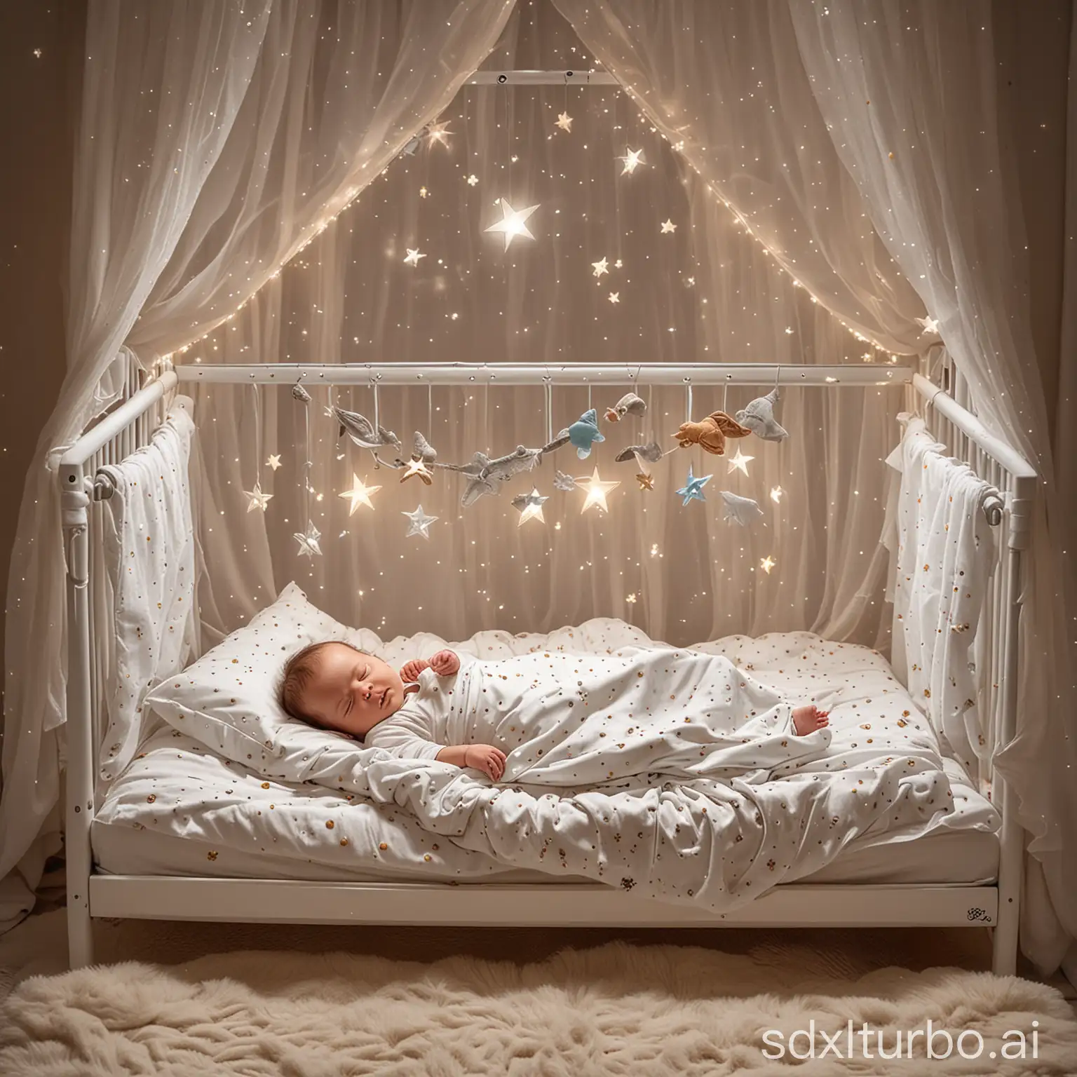  A baby is sleeping in a crib that is designed to look like a spaceship. The bedsheets show glowing stars and planets, and a mobile of twinkling stars hangs above it. The little astronaut is dreaming of distant galaxies and exciting adventures.