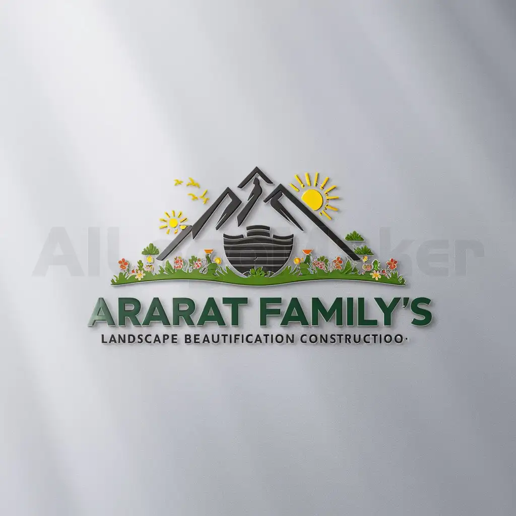 a logo design,with the text "Ararat Family's Landscape Beautification Construction", main symbol:Ararat Mountain, Noah Boat, landscape Flower,Sunshine,Birds,Moderate,clear background