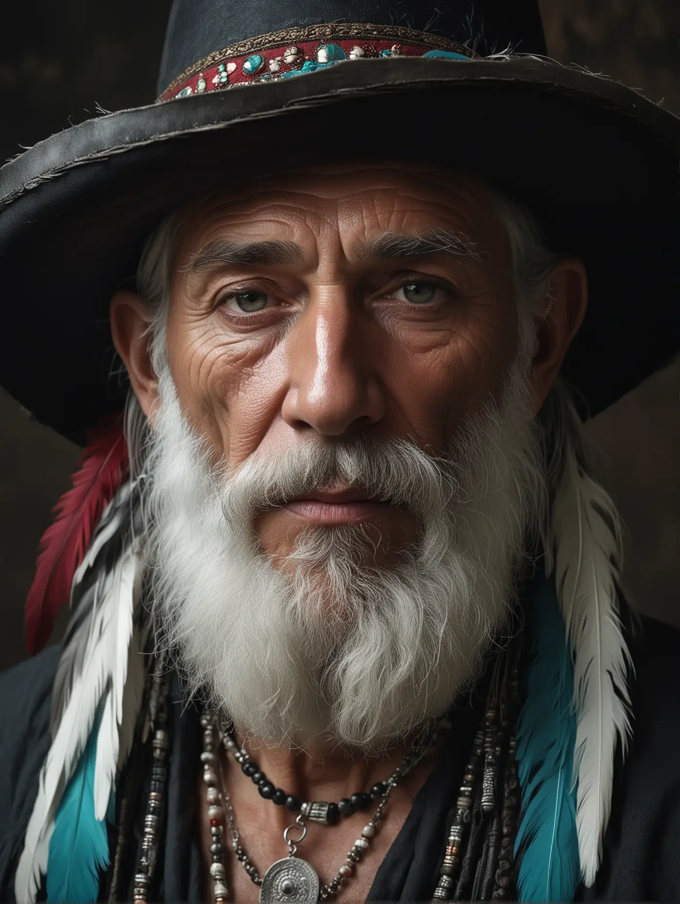 a close up of Melquiades from 100 years of solitude, very old, dark skinned gypsy, with a long white beard, cyan and burgundy palette,  black feathers hat, black clothes, tribal necklaces, a hyperrealistic painting inspired by lee jeffries, zbrush central contest winner, hyperrealism, steven mccurry portrait, photography alexey gurylev, alessio albi