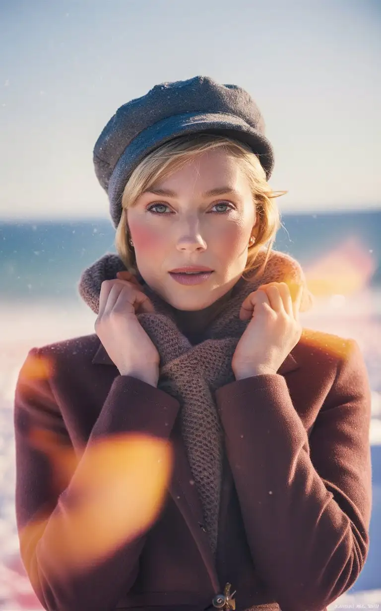 Portrait of Cate Blanchett in a hat, 20 yo，cold winter, snowy, with winter outfit, with light red powder blusher, in a close up shot, with sunlight, outdoors, in soft light, with a beach background, looking at the camera, with high resolution photography, in the style of Hasselblad X2D50c