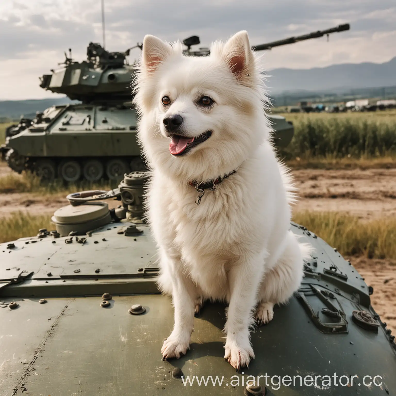 Белая собака шпиц сидит на танке