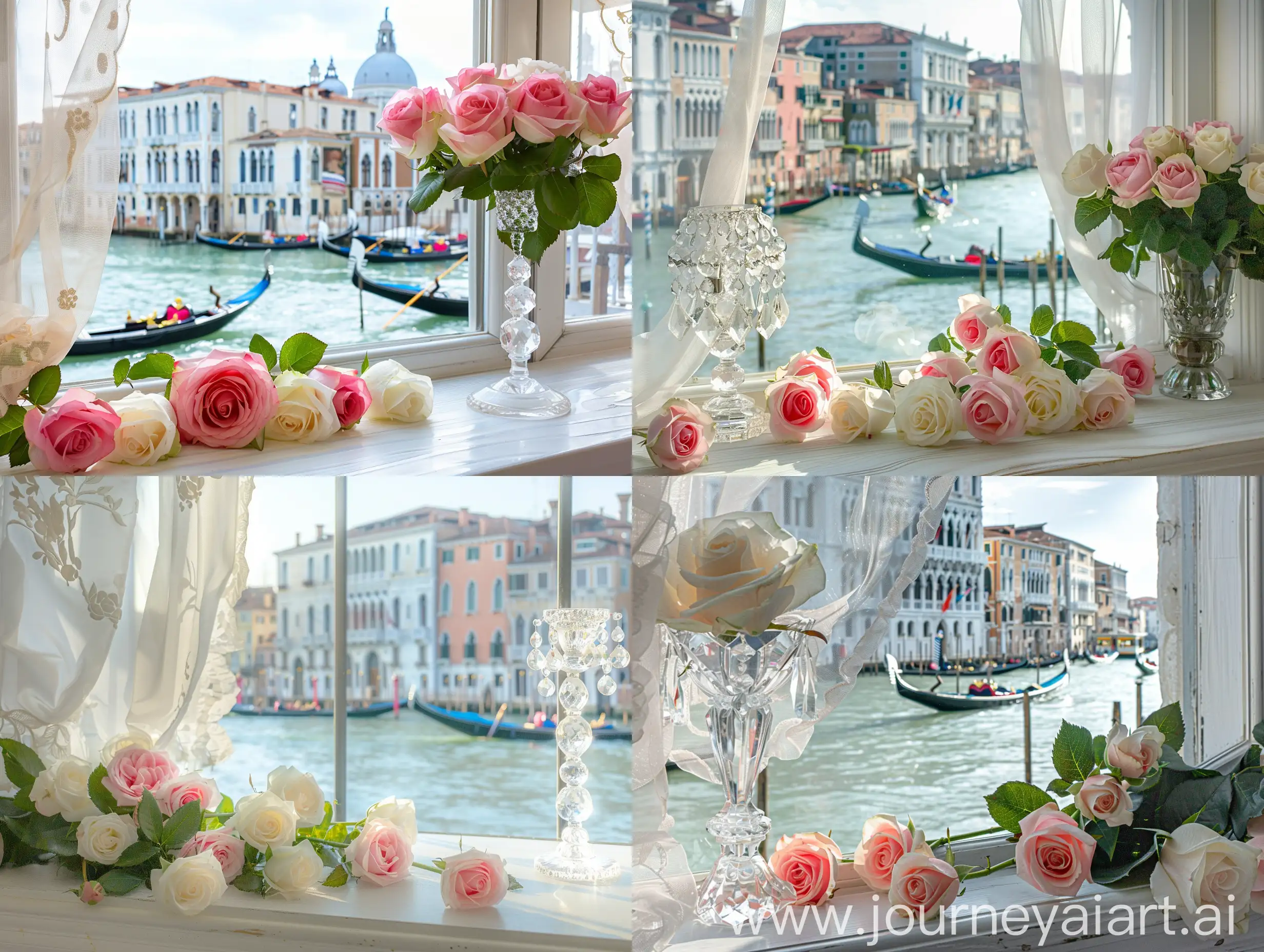 Romantic-Pink-and-White-Roses-on-Venice-Canals-Windowsill-View