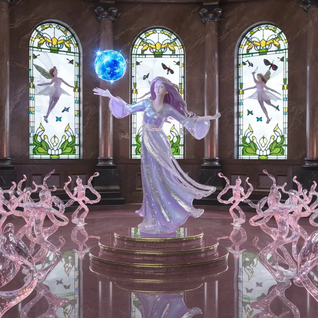Enchanted Marble Hall with Glass Statues and Fairy StainedGlass Windows