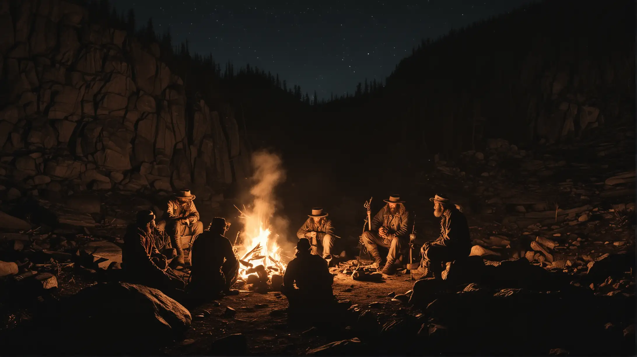 three trappers sit around  a balefire below a rocky hill, completely dark