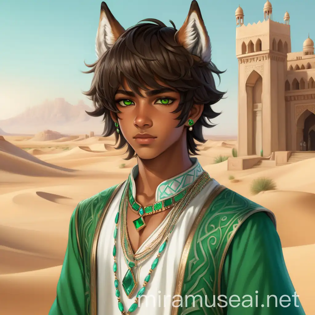 teenage desert boy with wolf ears, brown skin, big brown eyes, straight short hair, royal arabian clothes white + green and jewelry in green colours, in a desert palace